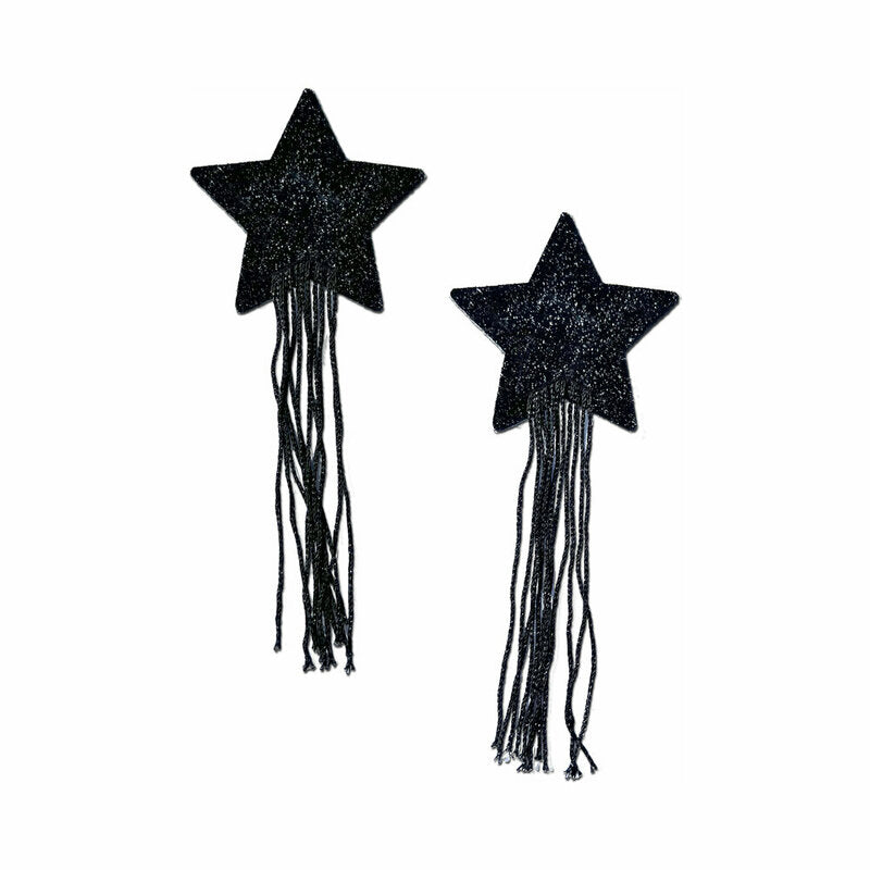 Tassel Pasties: Black Sparkle Star Pastease with Long Fringe Nipple Pasties