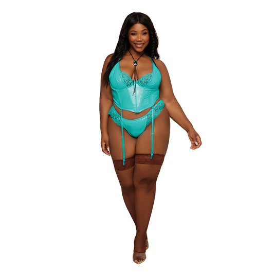 Dreamgirl Stretch Vinyl and Lace Bustier and G-string Set Ocean 2XL