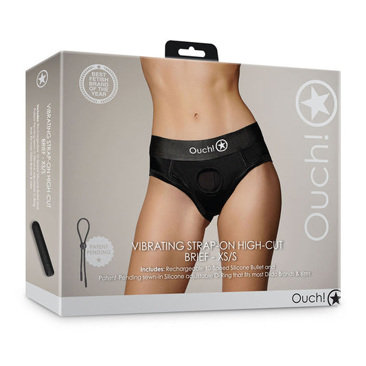 Shots Ouch! Vibrating Strap-on High-cut Brief Black XS/S