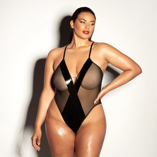 Oh Là Là Chéri Finesse Soft Cup Open Back Vinyl and Mesh Teddy with Barbell Trim 1XL/2XL