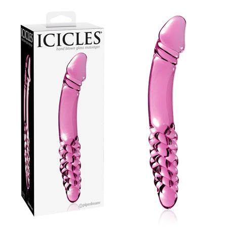 Pipedream Icicles No. 57 Curved Textured 9 in. Dual-Ended Glass Dildo Pink